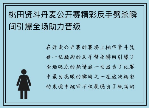 桃田贤斗丹麦公开赛精彩反手劈杀瞬间引爆全场助力晋级