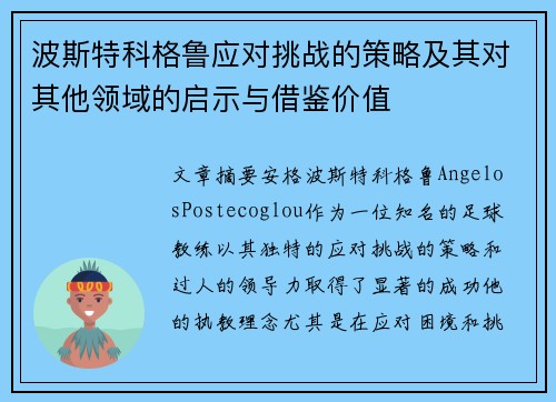 波斯特科格鲁应对挑战的策略及其对其他领域的启示与借鉴价值