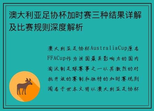 澳大利亚足协杯加时赛三种结果详解及比赛规则深度解析